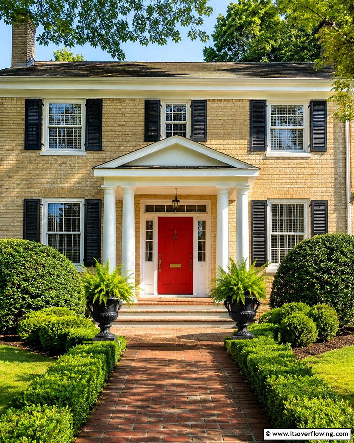 Classic Red Door for a Pop of Color - 30 Warm Blonde Brick House Color Schemes for Modern Homes