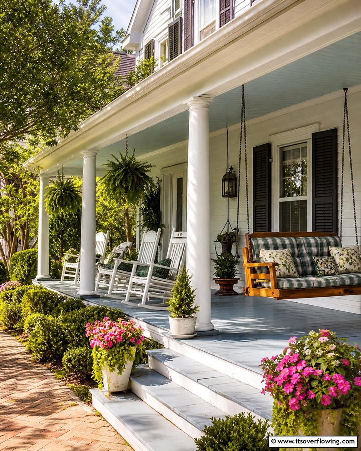 Classic Rocking Chairs and Porch Swing - 30 Southern Front Porch Ideas for Welcoming Outdoor Spaces