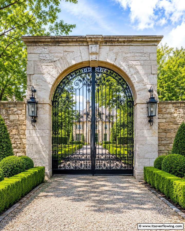 Classic Stone and Iron Combination - 30 Stylish Driveway Gate Ideas for Curb Appeal