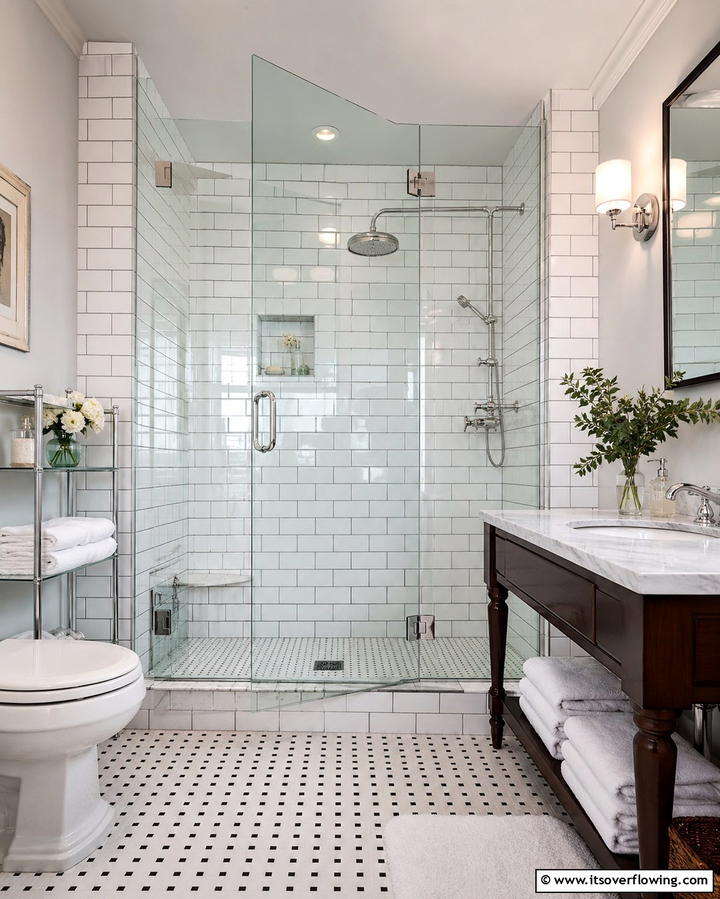 Classic Subway Tile Shower - 30 Space-Efficient Corner Shower Ideas for Modern Bathrooms