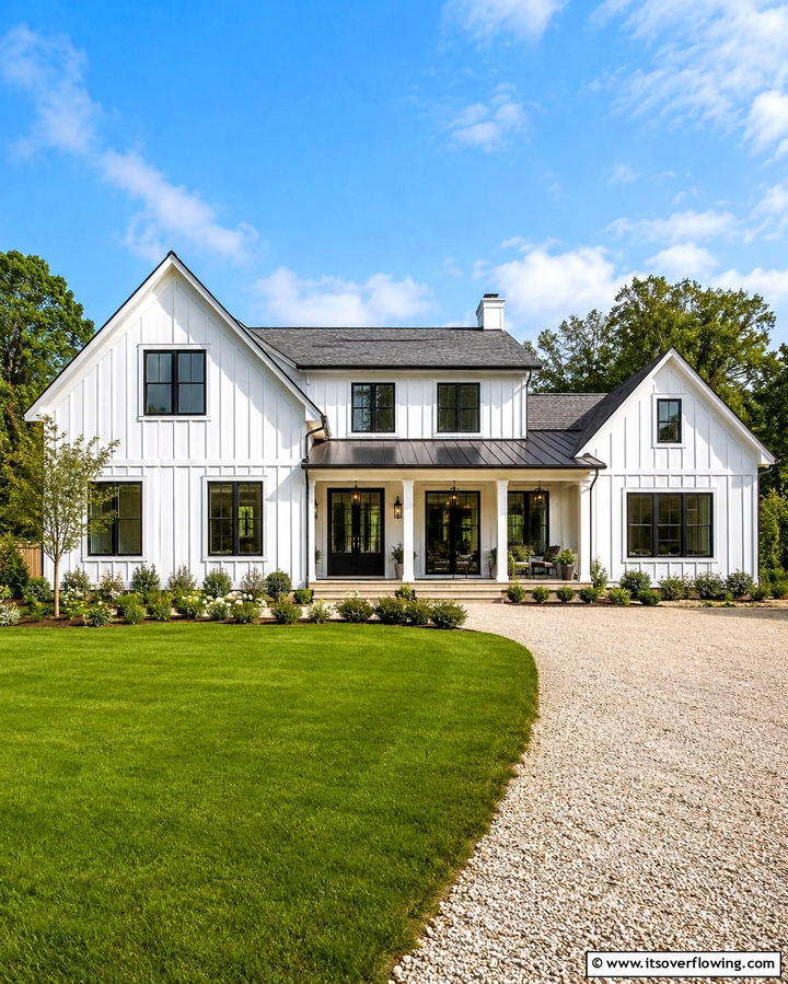 Classic White Farmhouse with Contrasting Black Frames - 25 White Farmhouse with Black Windows Ideas