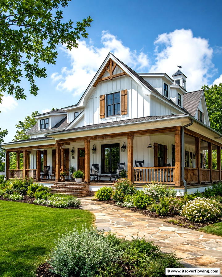 Classic White Farmhouse with Rustic Wooden Accents - 20 White Farmhouse With Wrap-around Porch Ideas