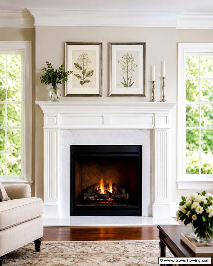 Classic White Mantel Fireplace Flanked by Windows - 25 Fireplace Between Windows Ideas for Cozy Homes