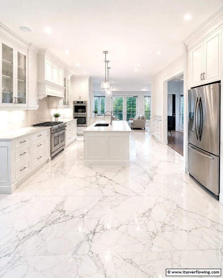 Classic White Marble Elegance - 25 Marble Kitchen Floor Ideas for Timeless Elegance