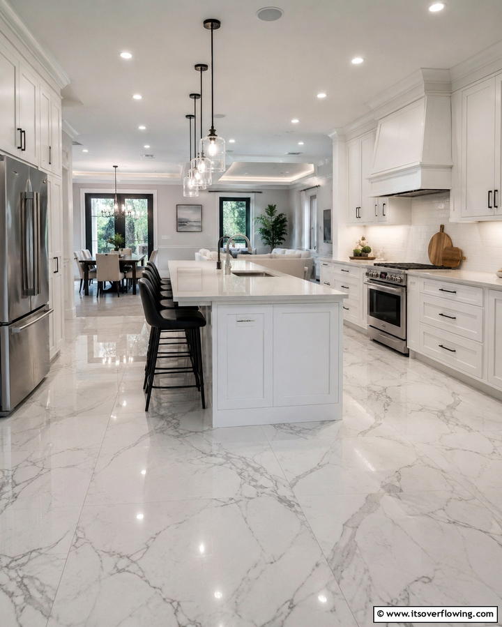Classic White Marble Flooring - 25 White Kitchen Floor Ideas for a Bright Space