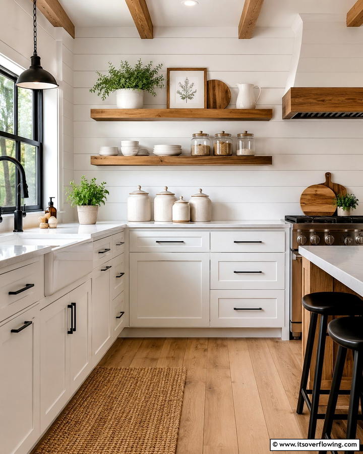 Classic White Shiplap Walls - 30 Charming White Farmhouse Kitchen Inspirations