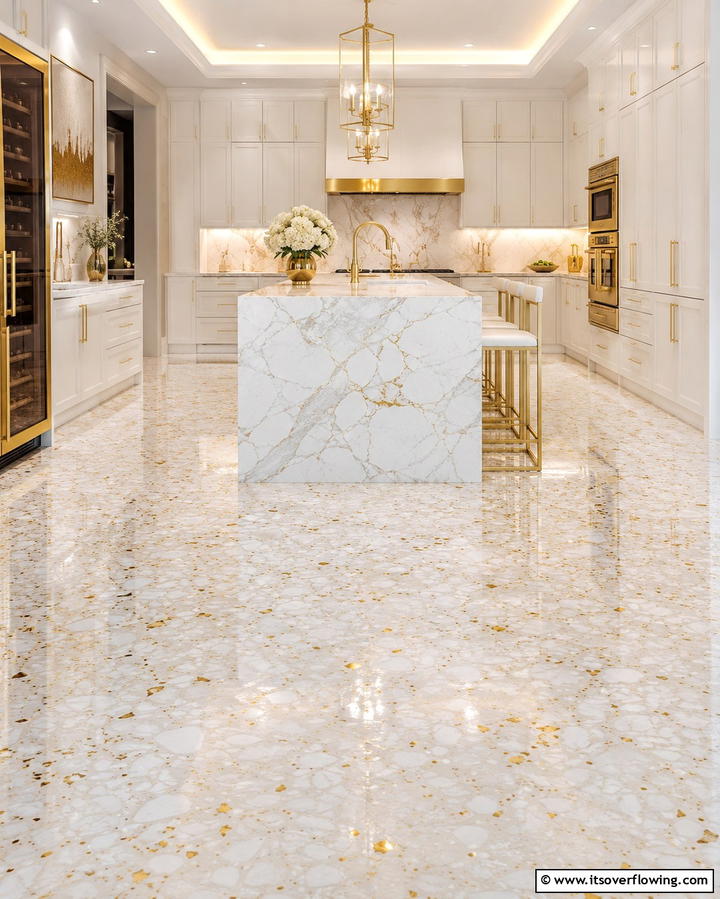 Classic White and Gold Terrazzo - 25 Terrazzo Kitchen Floor Ideas for a Unique Look