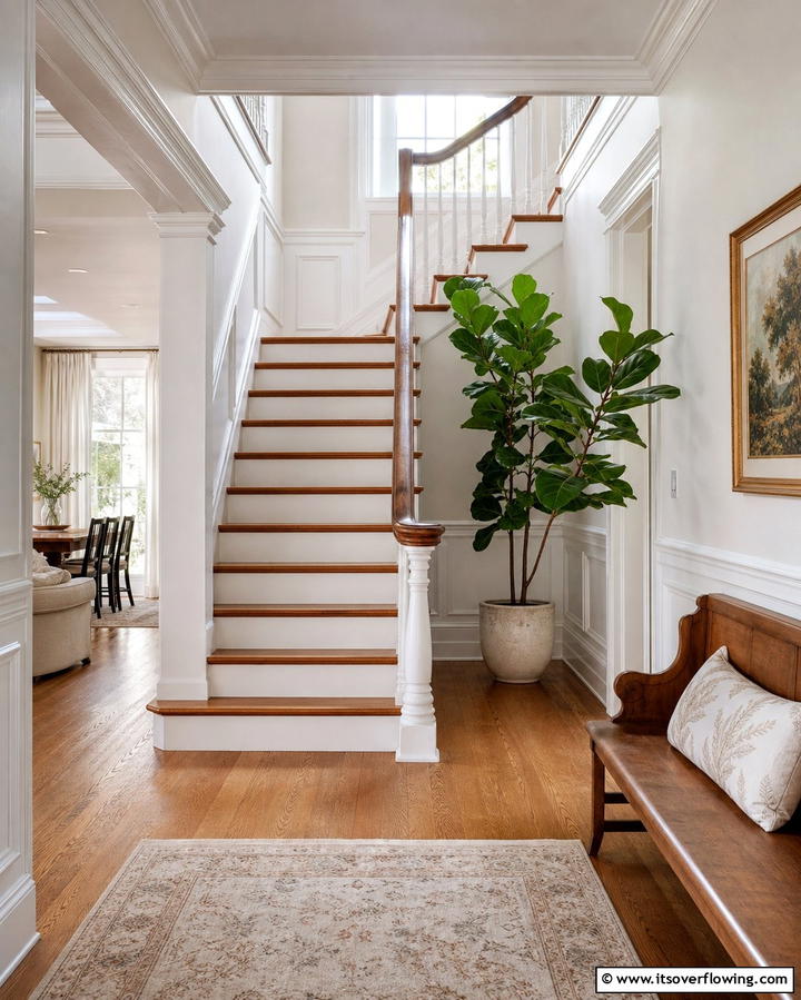 Classic White and Wood Contrast - 25 Stair Riser Ideas to Enhance Your Home’s Interior