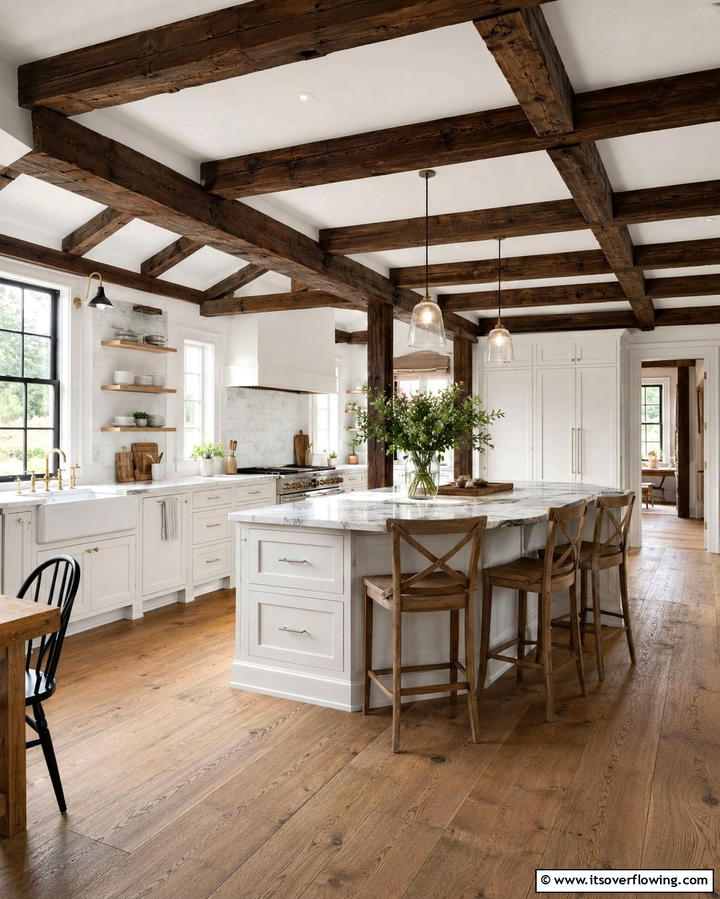 Classic Wooden Beams - 30 Rustic White Kitchen Ideas for Timeless Farmhouse Style