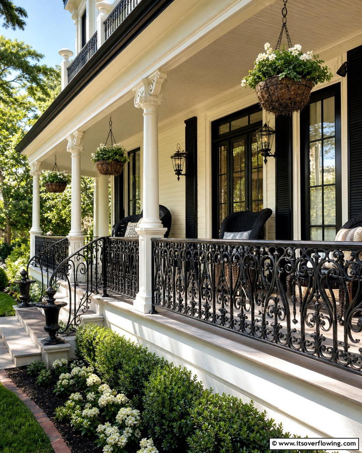 Classic Wrought Iron Elegance - 21 Porch Railing Designs to Elevate Your Home’s Curb Appeal