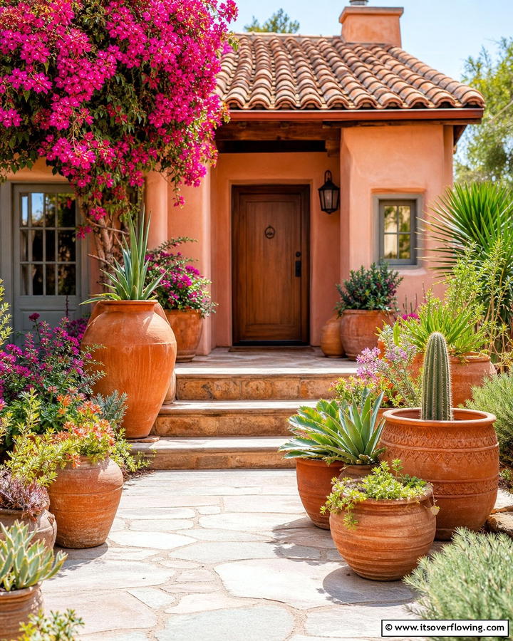 Clay Pot Clusters - 25 Boho House Exterior Ideas for a Unique and Colorful Look