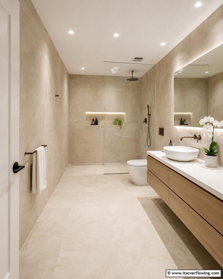 Clean Continuity and Flow - 30 Beige Bathroom Ideas for Timeless and Serene Design Schemes