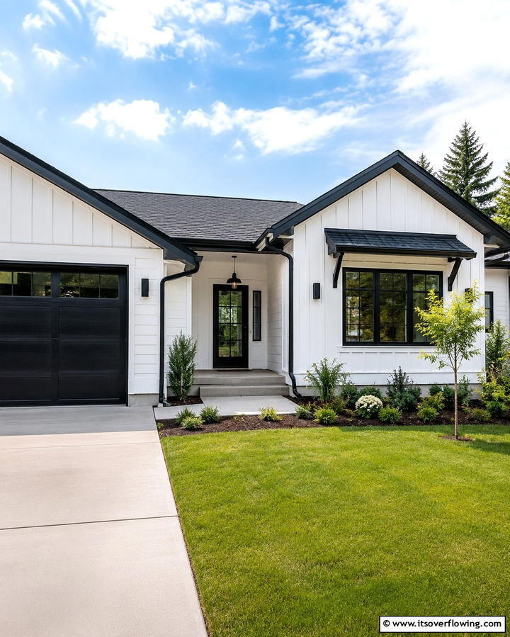 Clean Lines Black Roof Accents on White Houses - 30 Single-Story White House Black Trim Exterior Inspirations