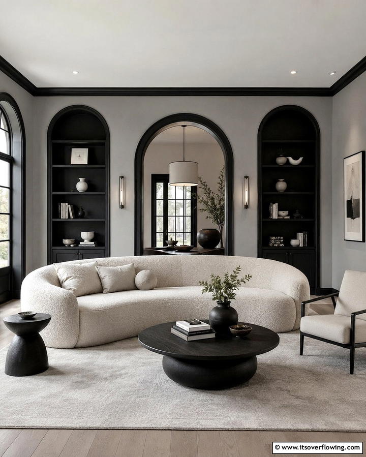 Clean Lines and Curves - 30 Living Room Grey Walls & Black Trim- Bold Contrast Ideas