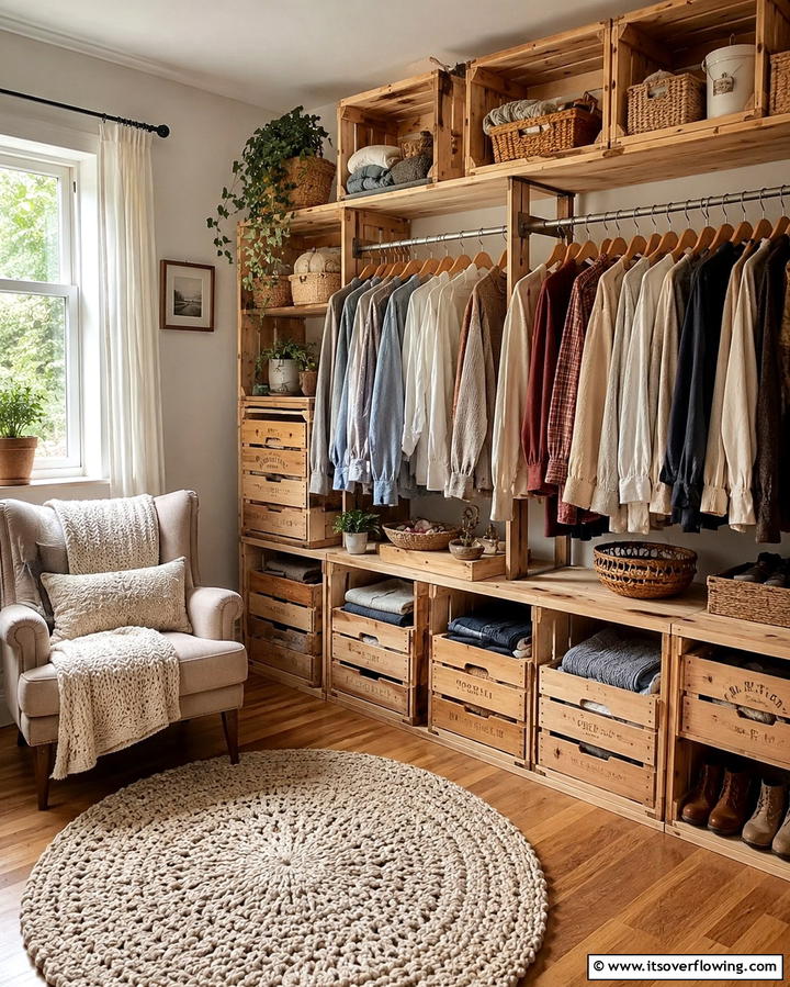 Closet with Wooden Crates for Storage - 25 Open Closet Ideas to Maximize Your Space