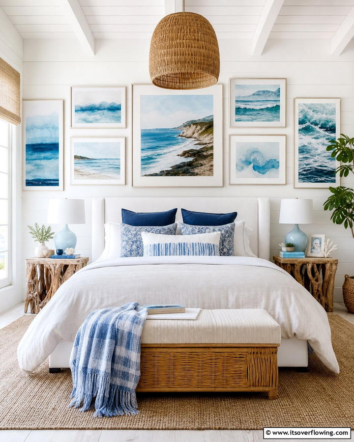 Coastal Artwork for a Relaxing Vibe - 25 Blue and White Bedroom Ideas for a Calming Space