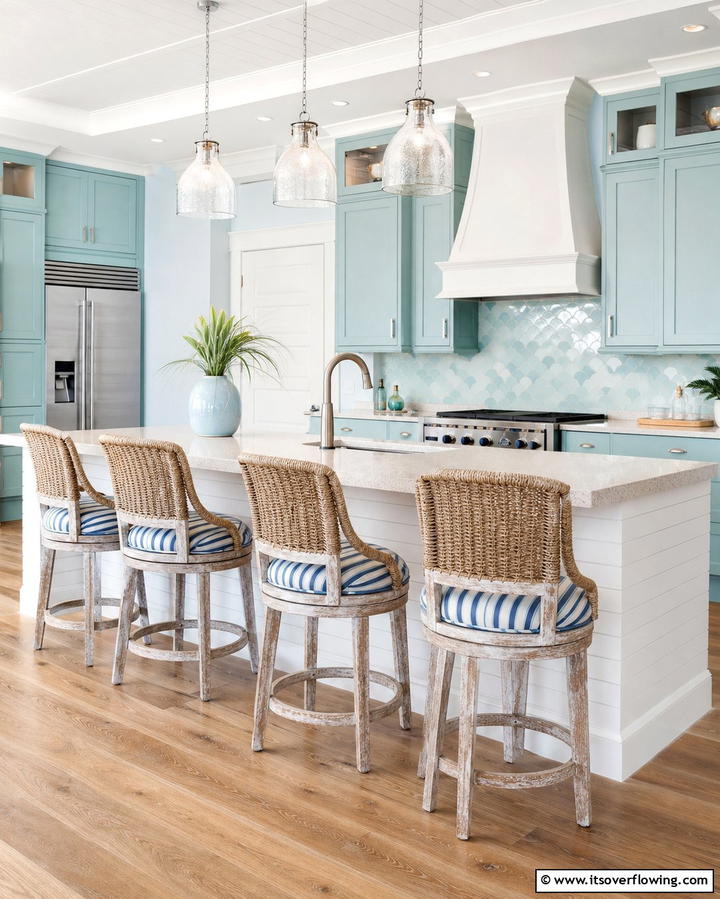 Coastal Bar Stools - 25 Coastal Kitchen Ideas for a Beach-Inspired Look