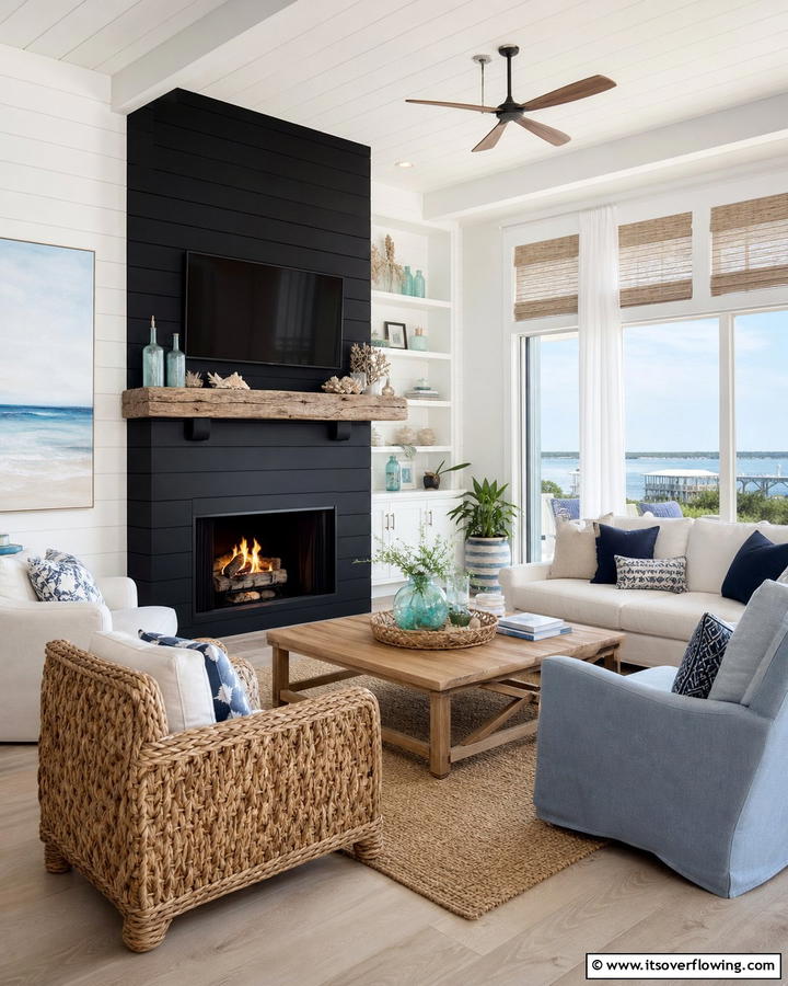 Coastal Black Shiplap - 21 Modern Black Shiplap Fireplace Design Inspirations