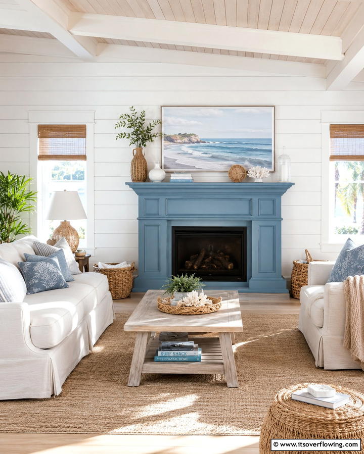 Coastal Blue Faux Fireplace - 30 Faux Fireplace Ideas to Add Warmth Anywhere