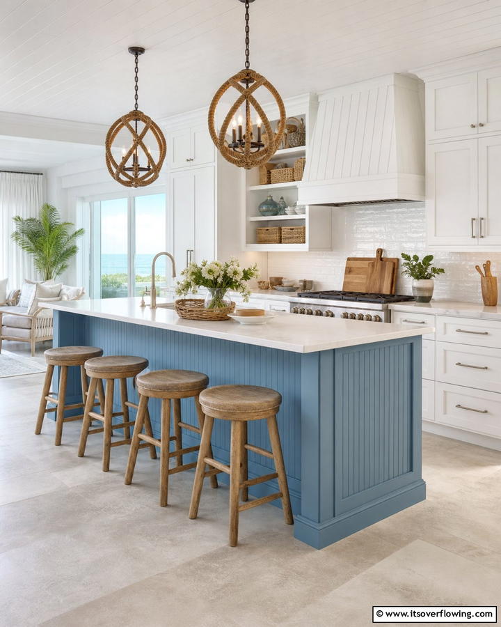Coastal Blue Islands with Beadboard Details - 25 Blue Kitchen Island Ideas for a Fresh Look