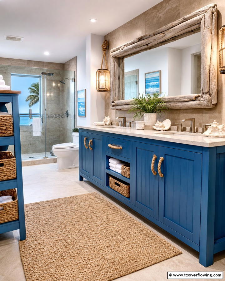 Coastal Blue Vanity with Rope Details - 25 Stunning Blue Bathroom Vanity Ideas
