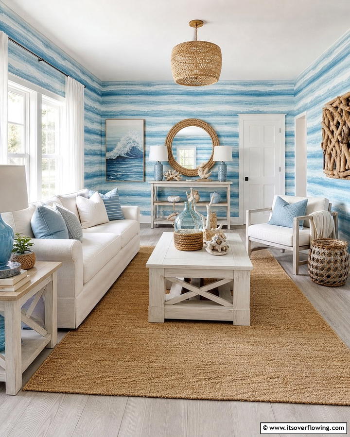 Coastal Blues - 21 Living Room Wallpaper Ideas to Refresh Your Decor
