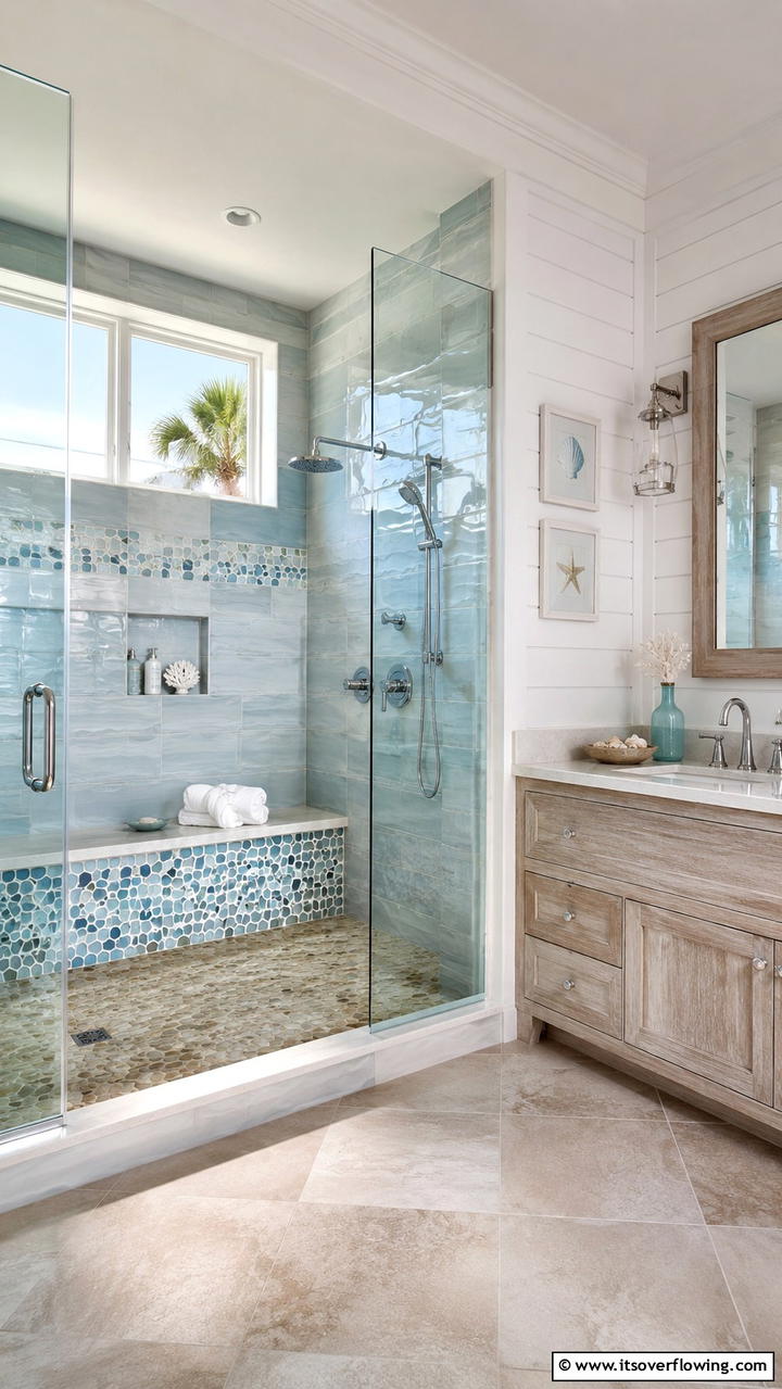 Coastal Breeze Walk In Shower with Sea Glass Bench - 21 Walk-In Shower Ideas With Bench for Spa-Like Comfort