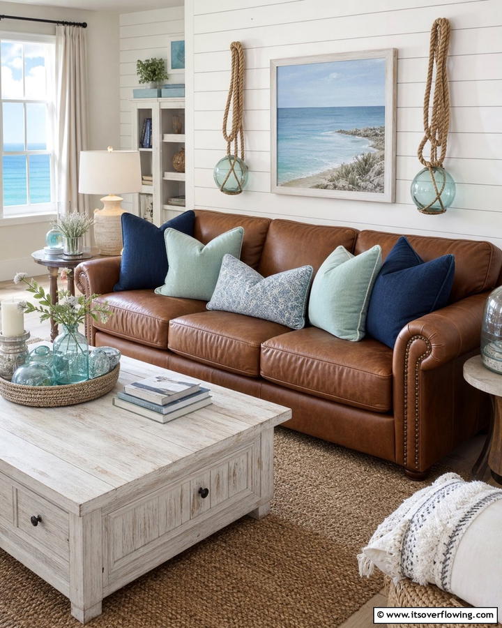 Coastal Breeze with Light Accents - 25 Brown Leather Couch Living Room Ideas