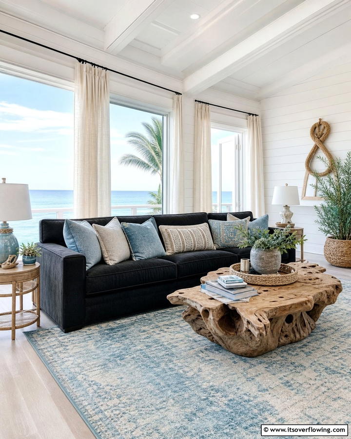 Coastal Calm - 21 Living Room Ideas With Black Couches- Modern Style