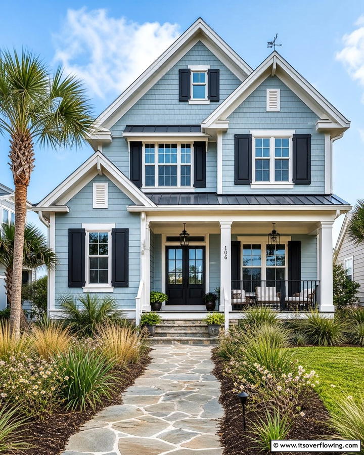 Coastal Charm with Black Accents - 25 Blue House With Black Trim Ideas for a Striking Exterior