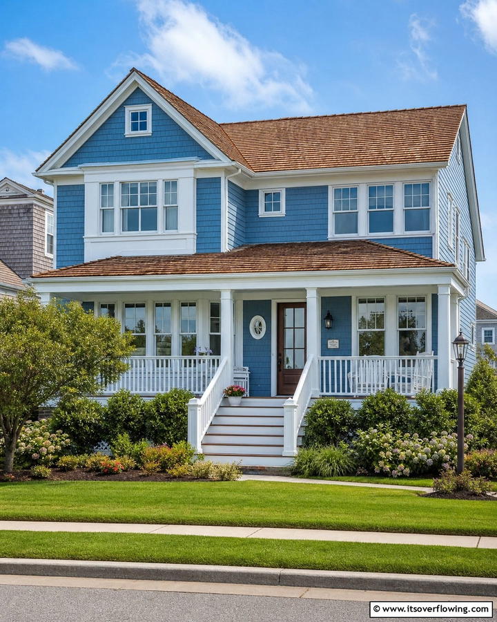 Coastal Charm with Blue Shiplap Siding - 25 Stunning Blue Exterior Home with Brown Roof Ideas