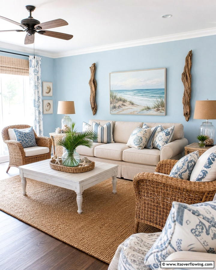 Coastal Charm with Blue and Beige Accents - 20 Blue and Beige Living Room Ideas- Serene Spaces