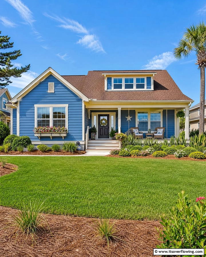Coastal Charm with Horizontal Blue Siding - 25 Stunning Blue Exterior Home with Brown Roof Ideas