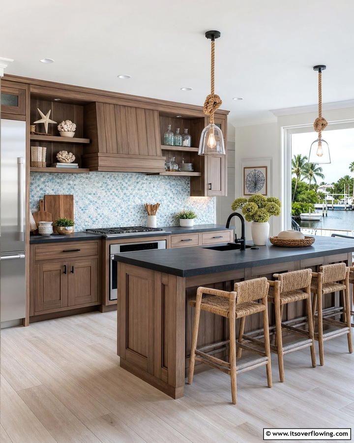 Coastal Comfort with Dark and Light Contrasts - 20 Kitchen Ideas with Brown Cabinets and Black Countertops