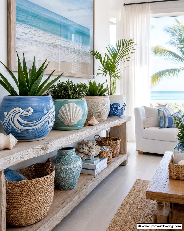 Coastal Cool Creativity - 21 Painted Pot Ideas for Creative Plant Container Makeovers