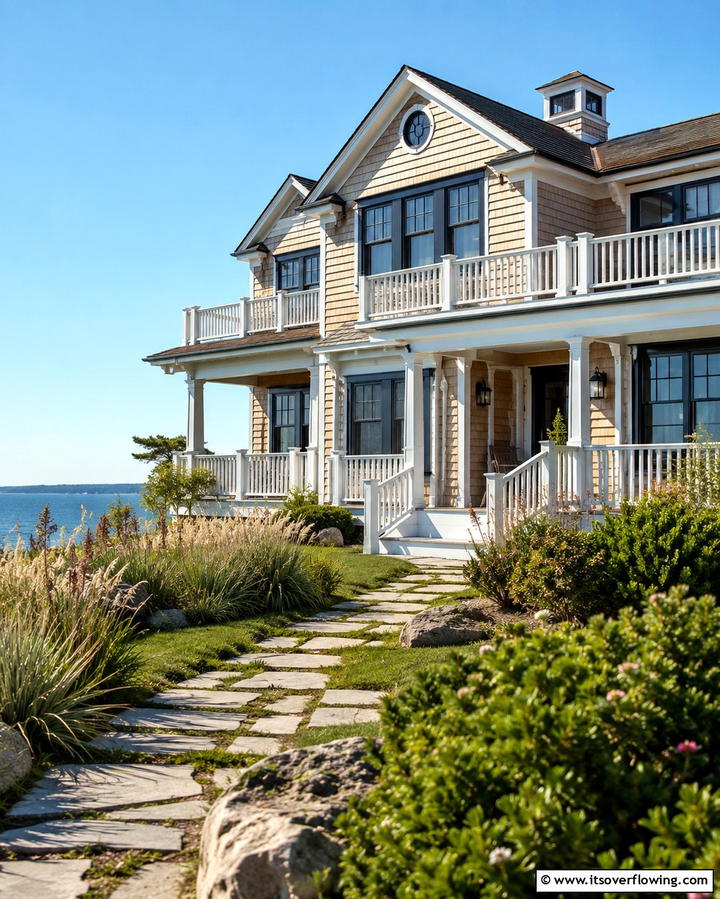 Coastal Cottage Vibes - 25 Tan House With Black Trim Design Ideas for Elegance