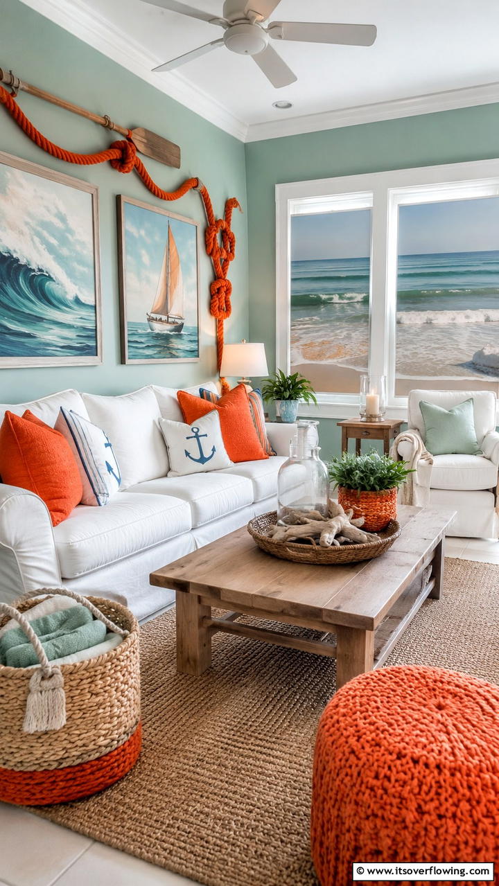 Coastal Green and Orange Nautical Themes - 30 Green and Orange Living Room Ideas for Bold Style