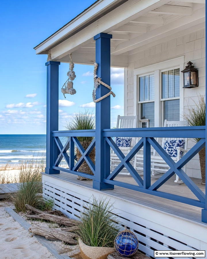 Coastal Inspired Blue Accents - 21 Porch Railing Designs to Elevate Your Home’s Curb Appeal