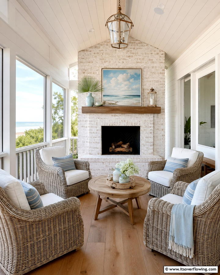 Coastal Inspired Fireplace SettingExact - 25 Screened-in Porch With Fireplace Ideas for Cozy Evenings