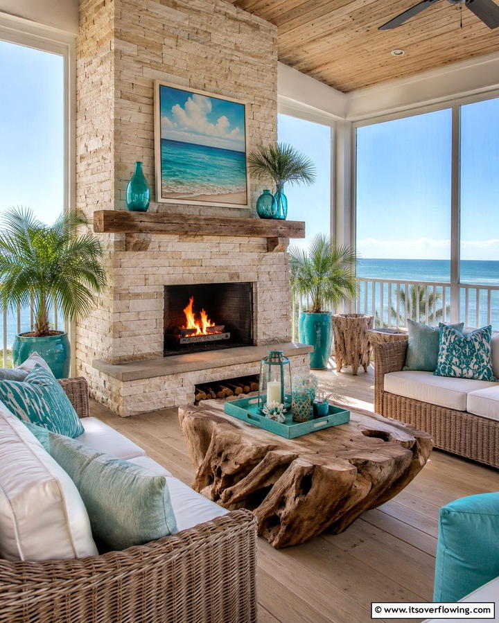 Coastal Inspired Fireplace SettingOne - 25 Screened-in Porch With Fireplace Ideas for Cozy Evenings