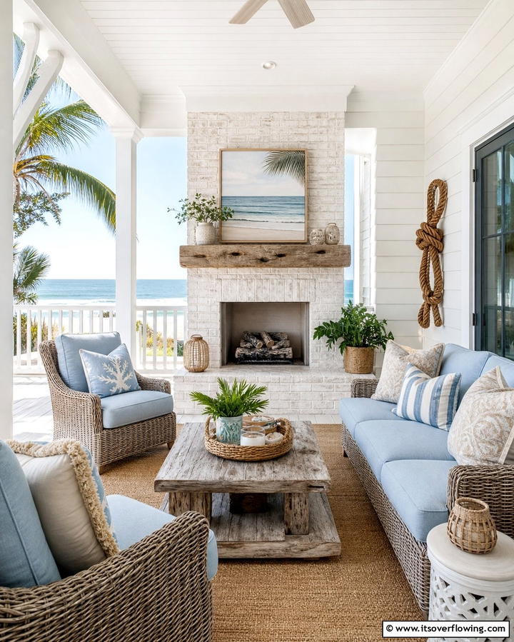 Coastal Inspired Fireplace - 25 Porch Fireplace Ideas for Cozy Outdoor Evenings