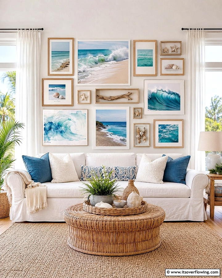 Coastal Inspired Gallery Wall - 25 Beach House Living Room Ideas for a Coastal Vibe