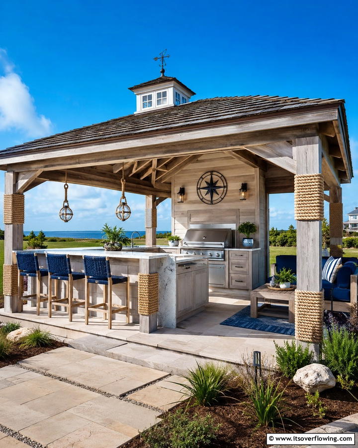Coastal Inspired Gazebo with Nautical Accents - 30 Outdoor Kitchen with Gazebo Ideas for All-Weather Cooking