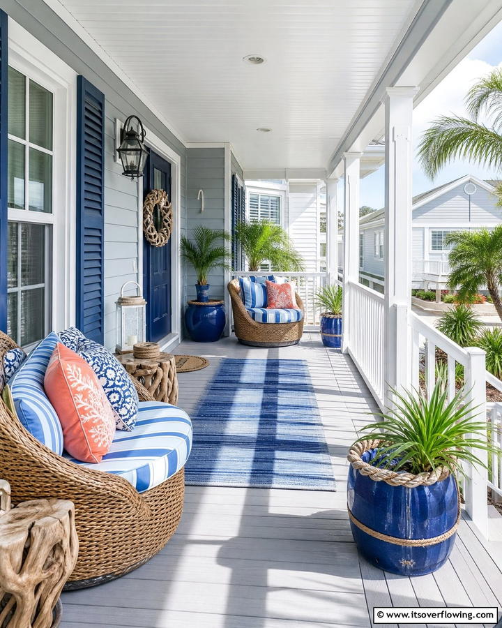 Coastal Inspired Porch with Blue Accents - 20 Raised Ranch Front Porch Ideas for Curb Appeal