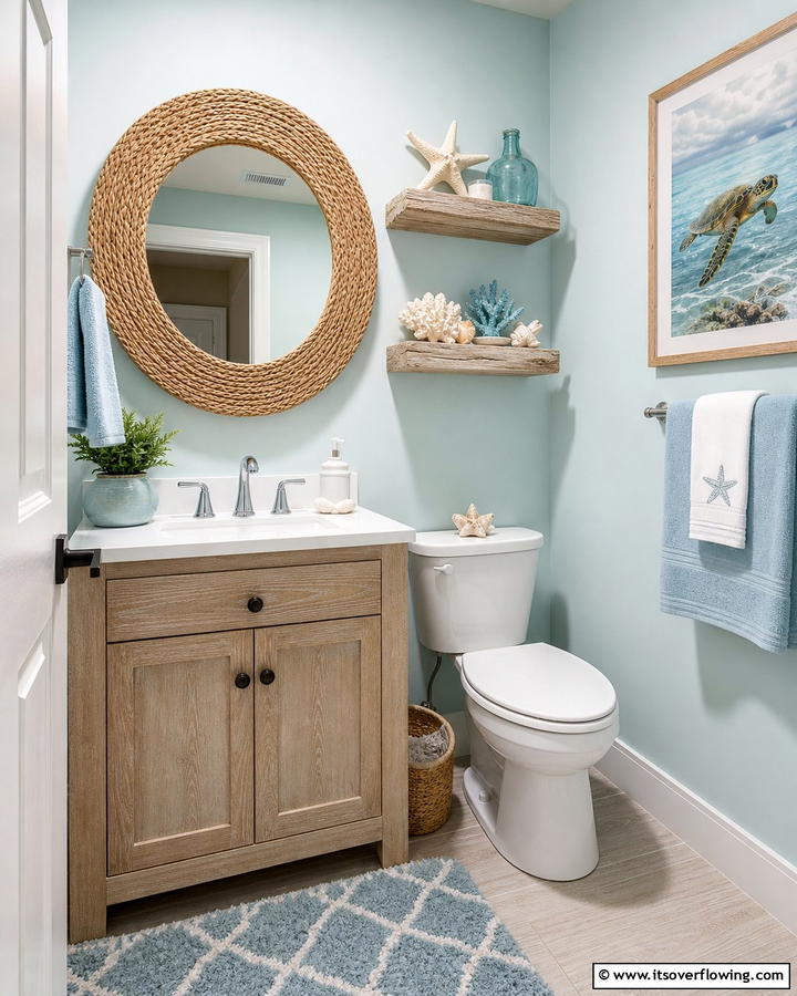 Coastal Inspired Powder Room - 20 Blue Powder Room Ideas- Small Space, Big Style