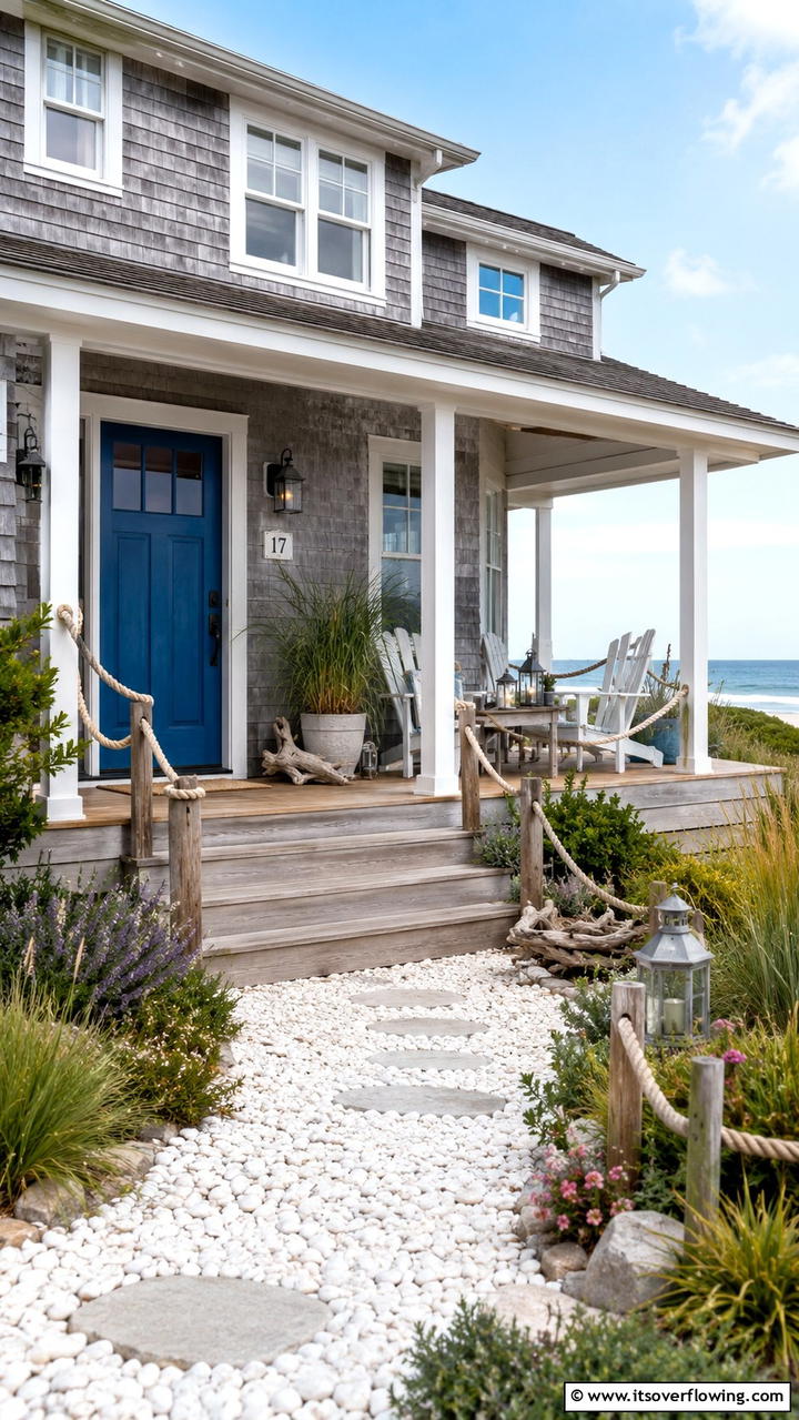 Coastal Inspired Retreat - 30 Grey House With Blue Door Ideas- Charming Curb Appeal