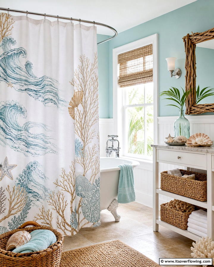 Coastal Inspired Shower Curtains - 25 Coastal Bathroom Ideas for a Serene Beach Retreat