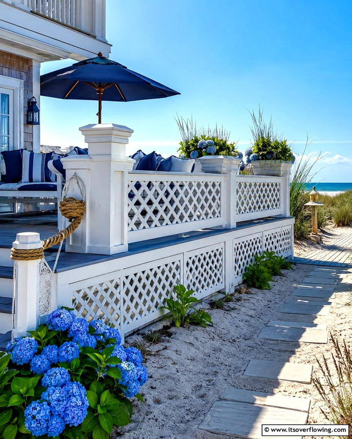 Coastal Inspired White Lattice - 25 Innovative Deck Lattice Ideas to Enhance Outdoor Spaces