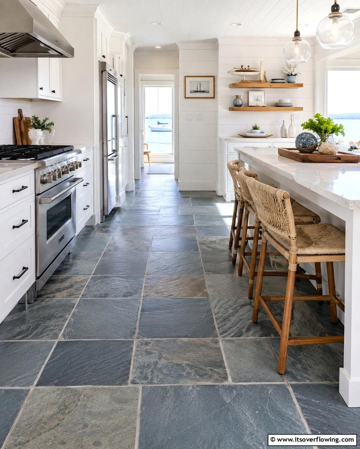Coastal Kitchens with Blue Grey Slate - 25 Kitchens With Slate Floors for a Durable and Stylish Look