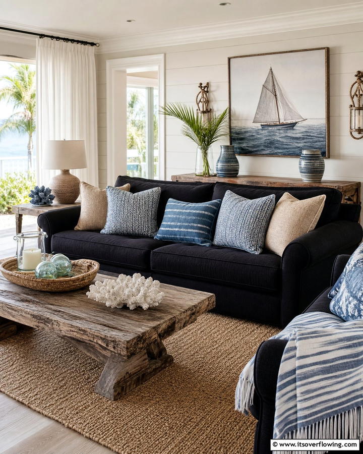 Coastal Living with a Dark Twist - 21 Chic Black Couch Living Room Styling Inspirations